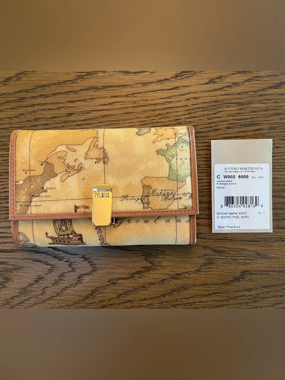 NWT Alviero Martini 1ª Classe Geo Map Continental Wallet Tan Brown Leather Italy